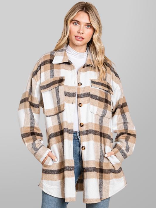 Unisex Long Plaid Flannel Shirt Jacket